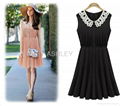 2013 new summer sleeveless chiffon dress with lace collar and waist pleater