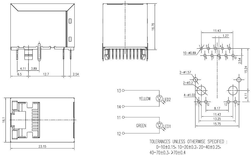 10/100/1000BASE RJ45 Connector, 180°, with LEDs, 1 port 2