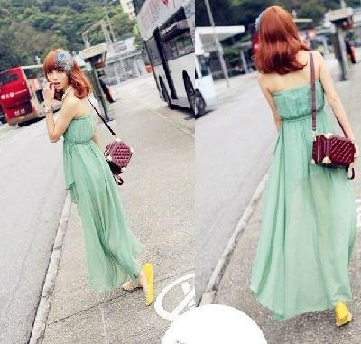 New Womens Strapless Temperament Irregular Skirt Gauze Green Long Maxi Dress 2