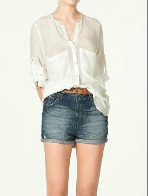 2013 New Women Fashion Simple Basic Sheer Chiffon Blouse T-Shirt With Pockets J 4