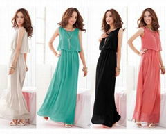 2013 Hot Women Ladies Princess BOHO Pleated Wave Lace Strap Chiffon Maxi Long Dr