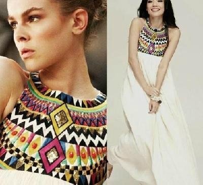vintage Sequins Design Chiffon Maxi Dresses Embroidery Bohemian Beach Long Dress