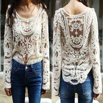 Semi Sexy Sheer Sleeve Embroidery Floral Lace Crochet Tee Top T shirt Vintage