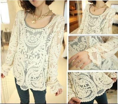 Semi Sexy Sheer Sleeve Embroidery Floral Lace Crochet Tee Top T shirt Vintage 3