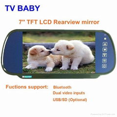 7'' Rearview mirror tft lcd monitor support dual video inputs and bluetooth