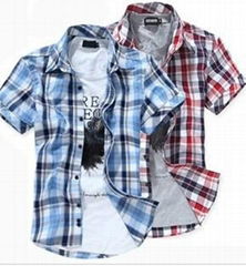 2013 Men short sleeved plaid shirt men washed cotton shirts cheap 