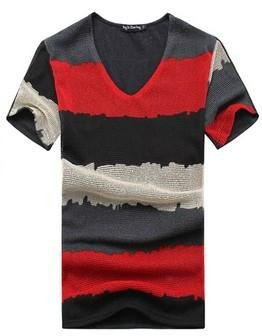 wholesale retail brand new men t shirts colorful Stripe V neck t shirt