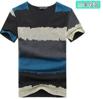 wholesale retail brand new men t shirts colorful Stripe V neck t shirt 2