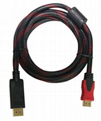 Double Braid DP M to HDMI M Cable with Ferrites Support 1080p 
