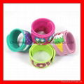 Ink color and debossed color filled silicone slap bracelet with metal chip