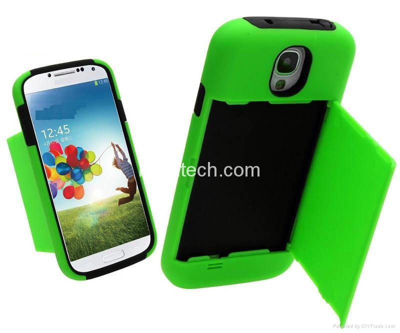 PC and Silicone Protective Case With Card Holder and Stand For Samsung S4 I9500