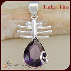 Unique design lute pendent amethyst silver