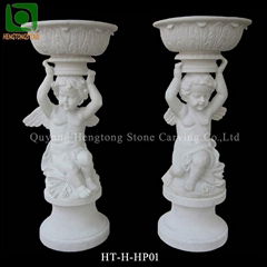 Hand Carved White Marble Flowerpot Sculpture