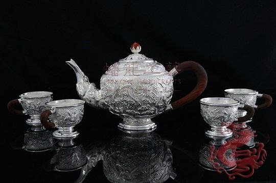 Silver Tea Sets with  Nine Chinese Dragons 