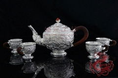 Silver Tea Sets with  Nine Chinese Dragons 