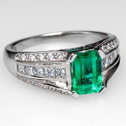 1 Carat Natural Emerald & Genuine Diamond Engagement Ring Solid 14K White Gold 1