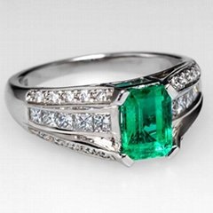 1 Carat Natural Emerald & Genuine Diamond Engagement Ring Solid 14K White Gold