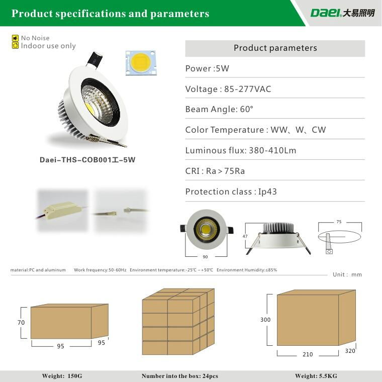 Daei Brand 2.5" LED downlight 5W ceiling spotlight COB LED THS-COB001A-5W 4