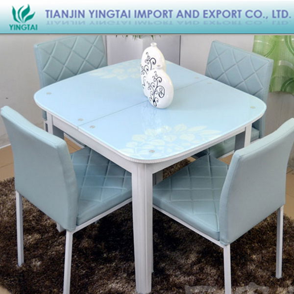 Plain design cute colorful small size tempered glass dining table chairs