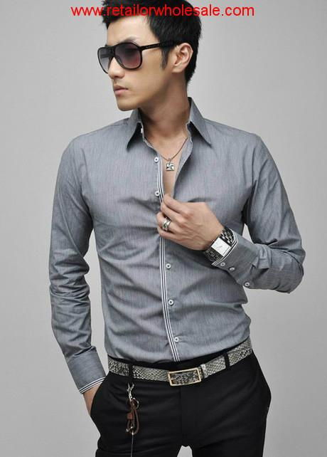 Wholesale Men's plus Size Chic Striped Edge Long Sleeve Grey Shirt ...