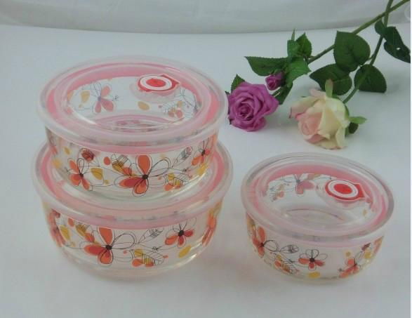 3PCS Glass Bowl Set with with Silicone sealed lid and decal 4