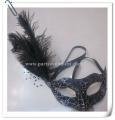Latest Venice Style Black Ostrich Feather Mask with Printed Cobweb