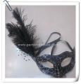 Latest Venice Style Black Ostrich Feather Mask with Printed Cobweb