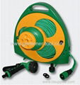 Portable flat hose reel with nozzle and sprinkler 1