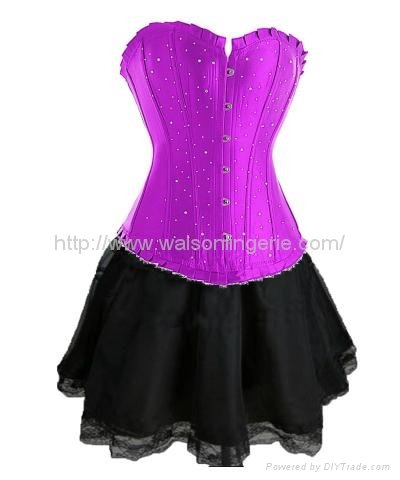 Rhinestone Purple Polyester Overbust Corset With Sexy Dress