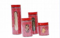 4pc Red Glass Canister w/ Window