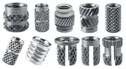 Inserts for plastic, knurled nuts and screws
