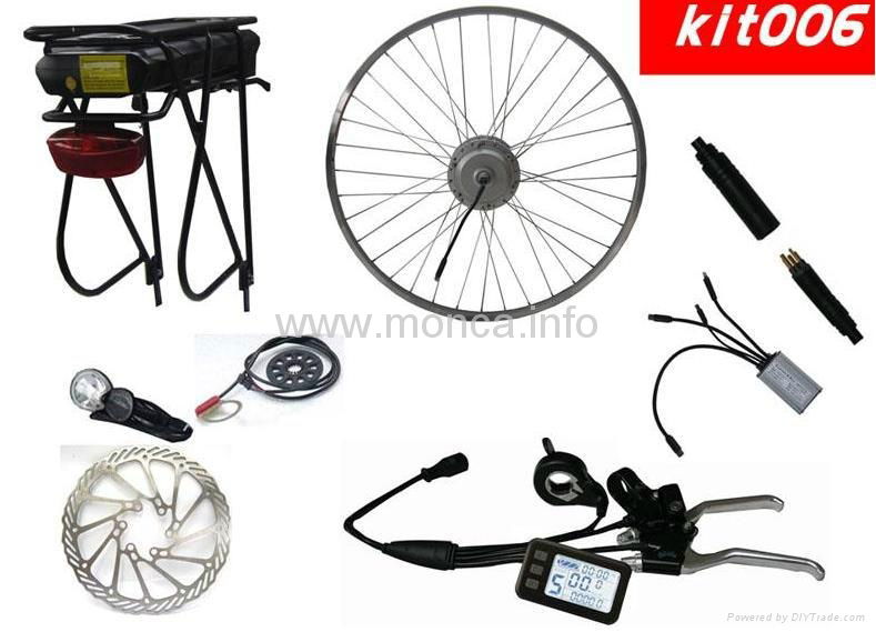 Electric bicycle conversion kit with rear rack battery