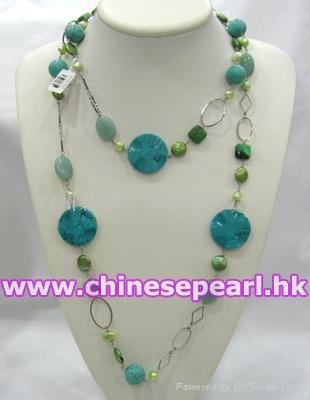 Freshwater pearl necklace with turquoise, stabilished turquoise and amazonite