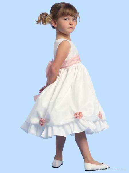 White taffeta flower girl dress with pink handmade flowers and ribbon