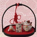 Hand Painting Porcelain Lucky Cat on Red Bag for Feng Shui 2