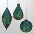 Sterling Christmas Ornament Painted glass Ball Tear drop Finial Peacock Feather 1