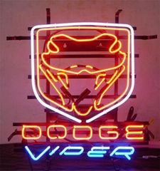 Dodge vipar neon sign with red logo and white border
