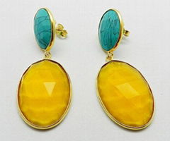 Green Turquoise & Citrine Hydro Oval Bezel Setting Gold Plated Silver Earring