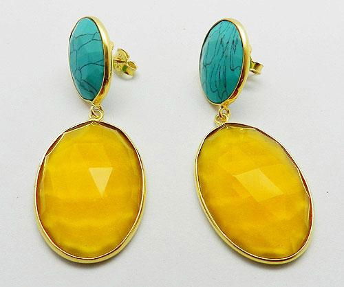 Green Turquoise & Citrine Hydro Oval Bezel Setting Gold Plated Silver Earring