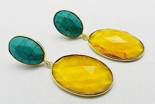 Green Turquoise & Citrine Hydro Oval Bezel Setting Gold Plated Silver Earring 5