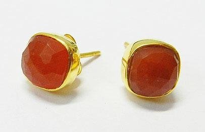 Red Onyx 8*8mm Cushion gold plated silver stud Earring 2