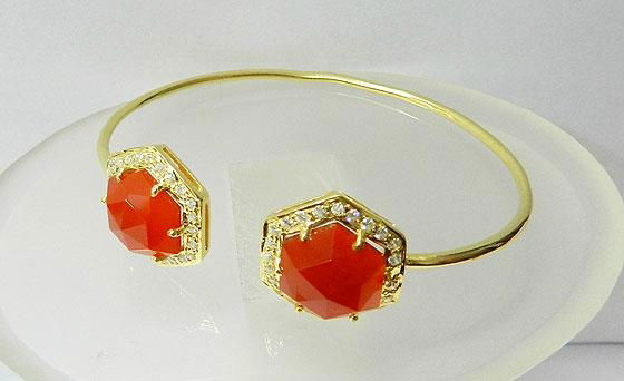 Red Onyx CZ setting 12*12mm Hexagon gold plated Silver bangle