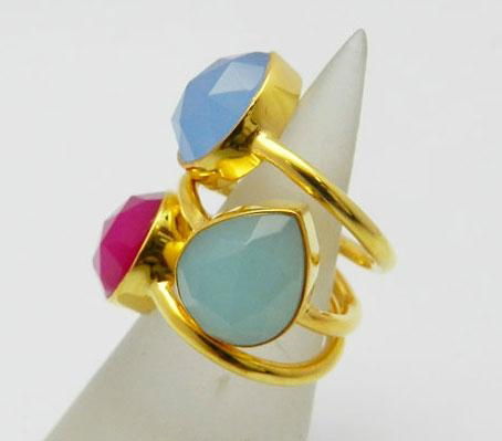 Three Gemstone Pear Shape Silver Gold Plated Stackable Ring 2