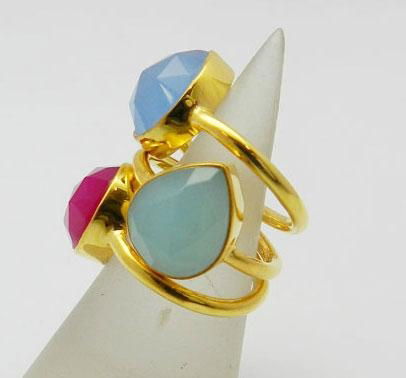 Three Gemstone Pear Shape Silver Gold Plated Stackable Ring 3