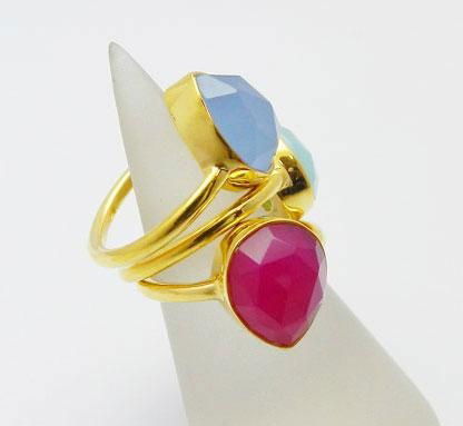 Three Gemstone Pear Shape Silver Gold Plated Stackable Ring 5