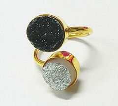 Silver & Black Druzy 10mm Round Adjustable Silver Gold Plated Ring