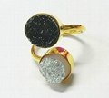 Silver & Black Druzy 10mm Round Adjustable Silver Gold Plated Ring 5