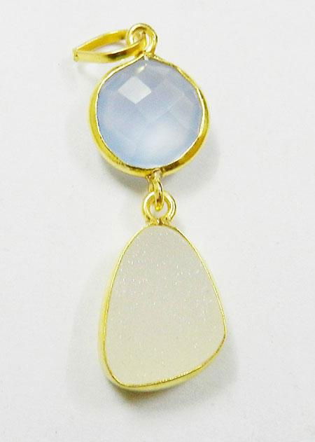 Blue Chalcedony & White Druzy Gold Plated Silver Pendat