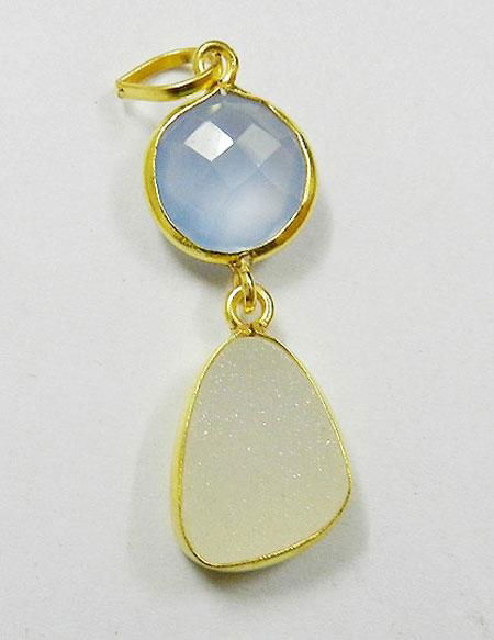 Blue Chalcedony & White Druzy Gold Plated Silver Pendat 2