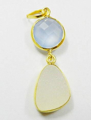 Blue Chalcedony & White Druzy Gold Plated Silver Pendat 3